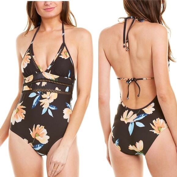 Ella Moss black‎ floral halter one piece swimsuit size medium - Picture 1 of 7